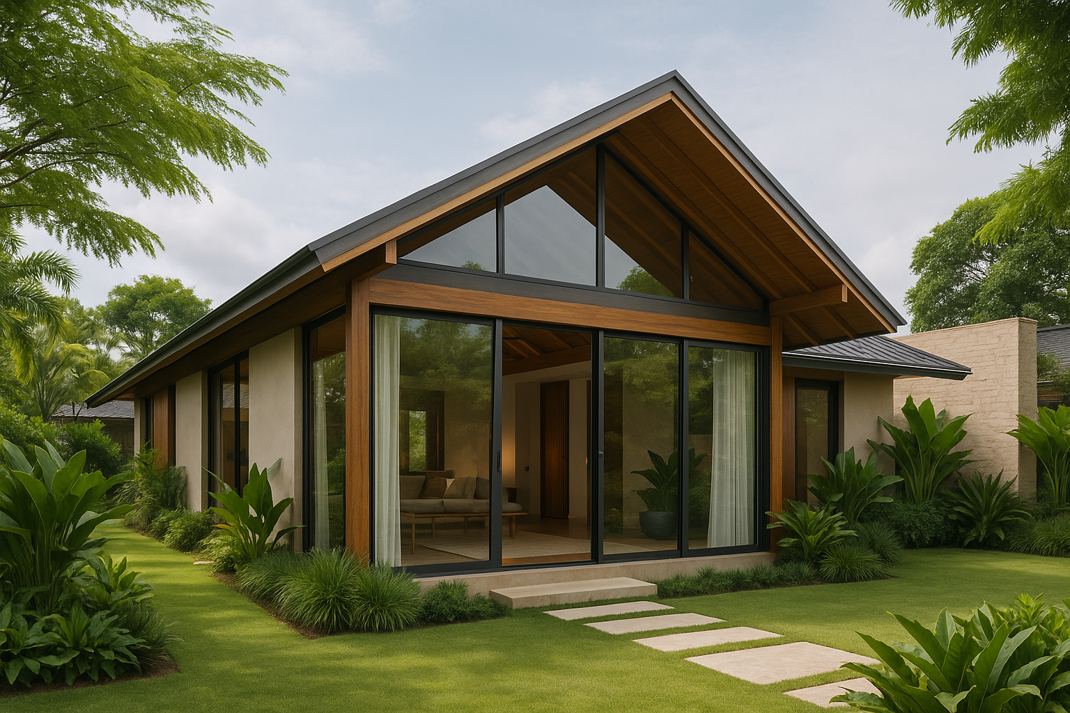 rumah tropis modern dengan atap miring, kaca besar, taman hijau, dan pencahayaan alami