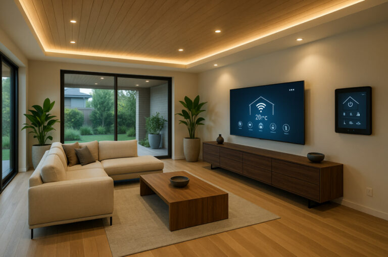 interior rumah pintar modern dengan pencahayaan otomatis dan sistem kontrol digital