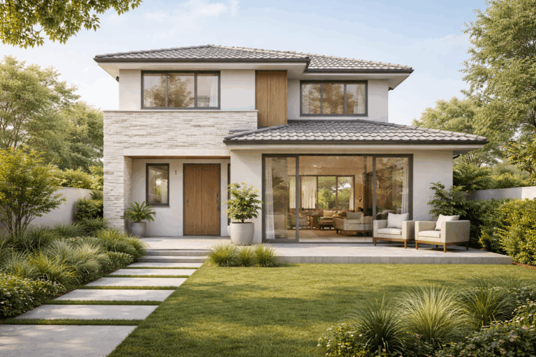 rumah sewa modern 2025 dengan desain minimalis dan taman rapi