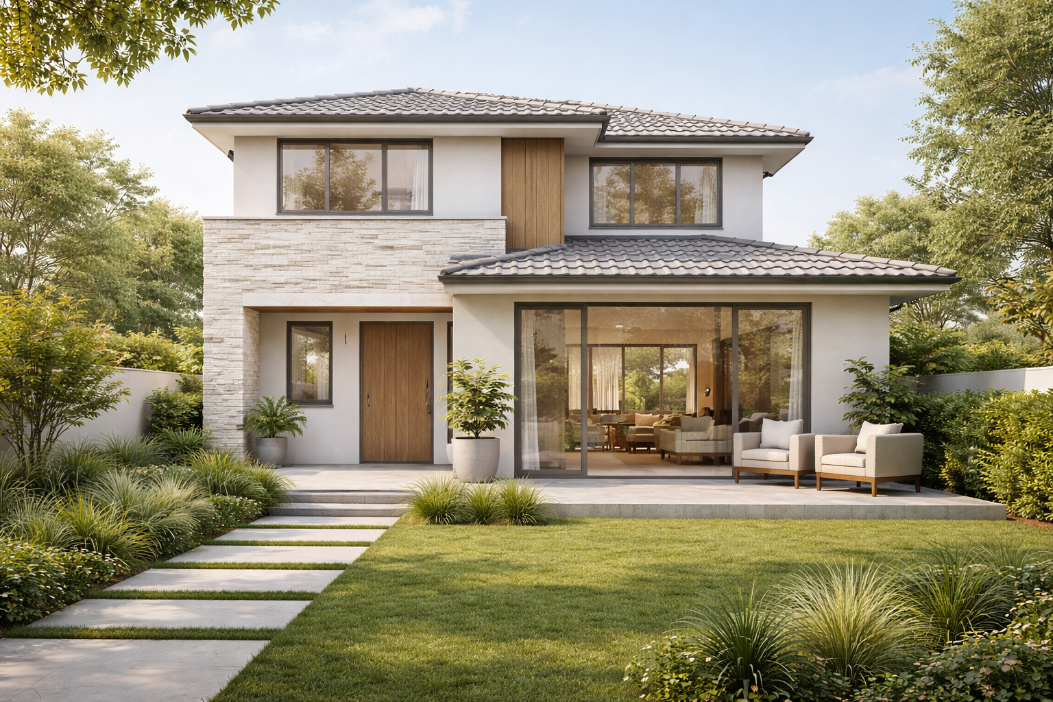 rumah sewa modern 2025 dengan desain minimalis dan taman rapi