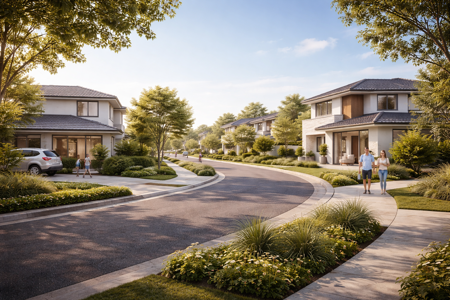 kawasan perumahan suburban modern 2025 dengan lingkungan hijau dan jalan lebar