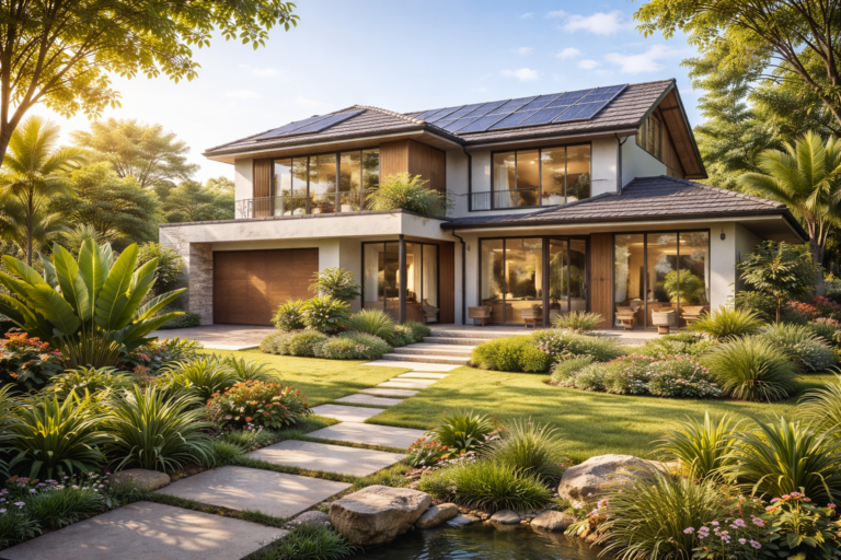 hunian ramah lingkungan modern dengan taman hijau dan pencahayaan alami