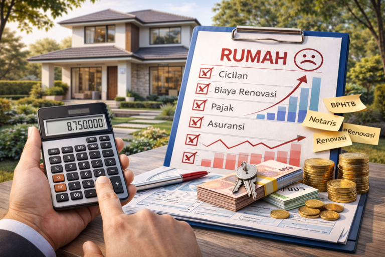 ilustrasi perencanaan keuangan pembelian rumah dengan kalkulator dan rumah modern