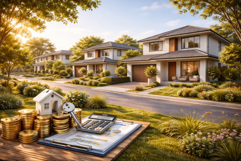 rumah investasi modern dengan ilustrasi alur pendapatan pasif