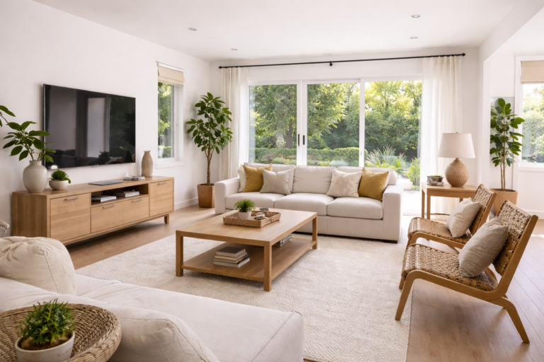 ruang tamu rumah sewa modern dengan desain minimalis dan pencahayaan alami