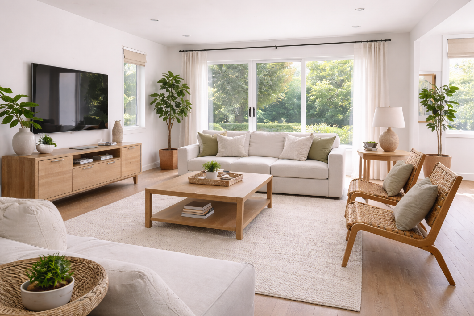 ruang tamu rumah sewa modern dengan furnitur minimalis dan tata ruang rapi