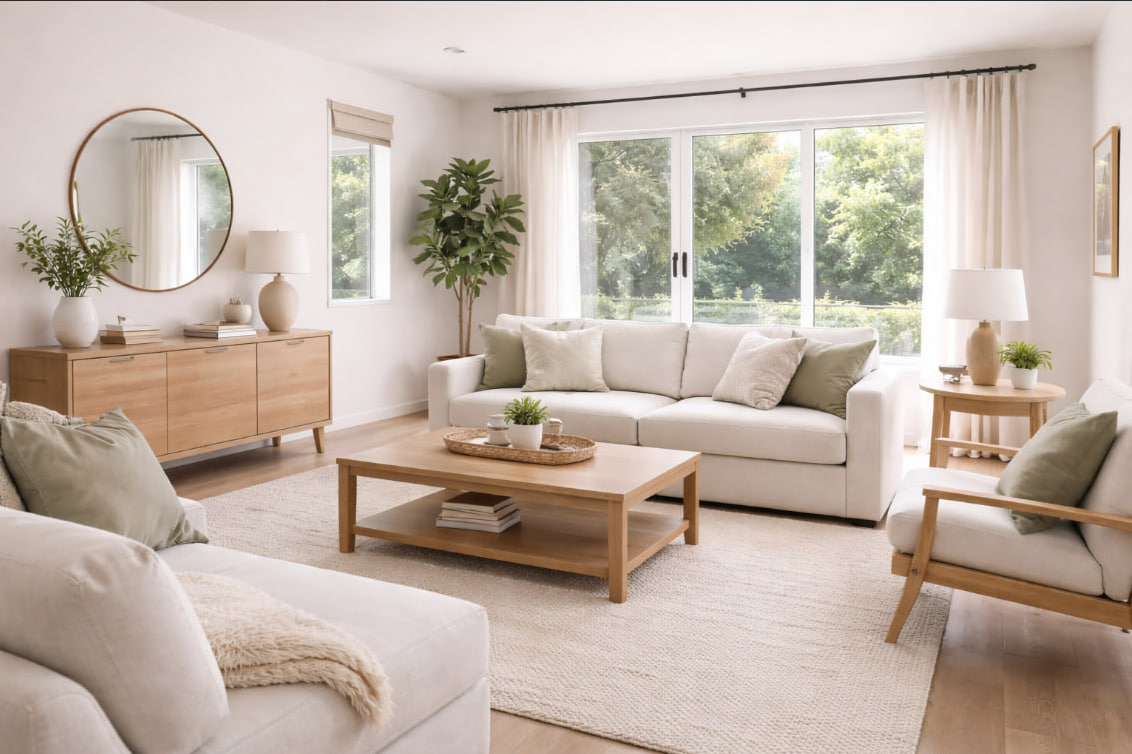 interior rumah sewa modern dengan warna netral dan pencahayaan alami