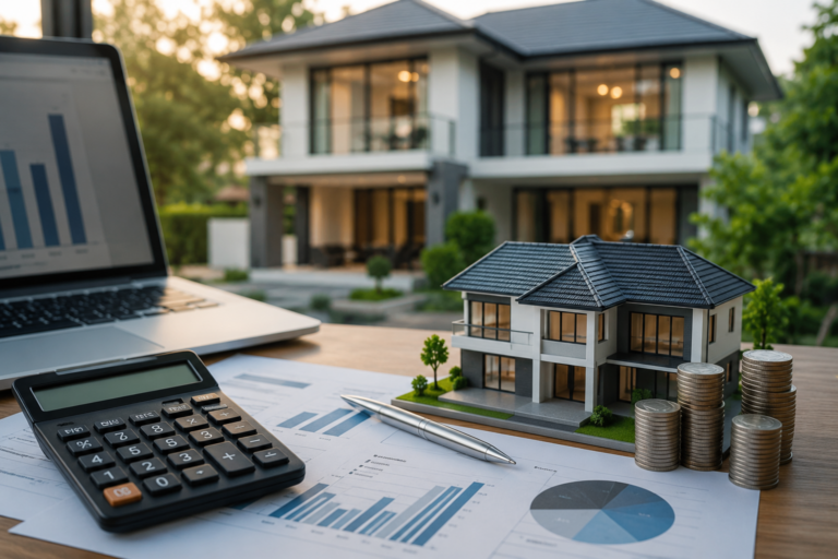 Ilustrasi rumah modern sebagai properti sewa dengan konsep investasi dan perhitungan keuntungan.